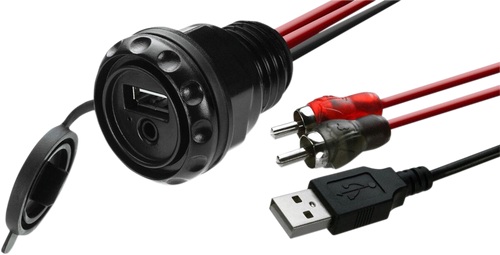 Dash-Mounted USB charge port with 3.5 mm Audio Input - Round Port Mount