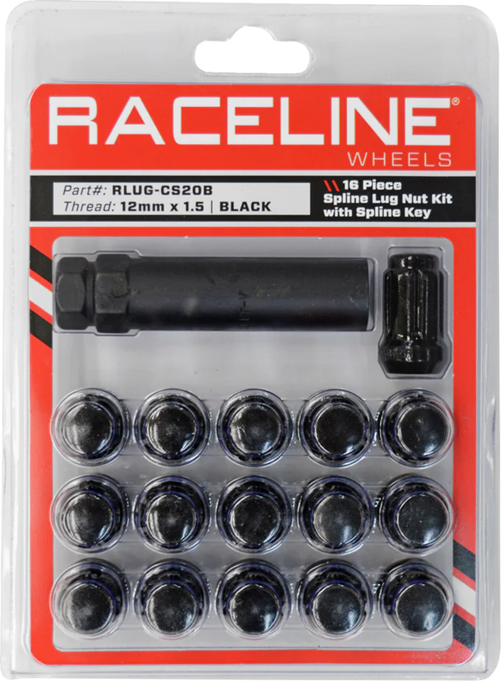 Lug Nuts - Spline Socket - 12 mm x 1.5" - with Spline Key - Black - 16 Pack - Lutzka's Garage