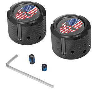 Axle Nut Cover - Front - Stainless Steel - Red/White/Blue Flag Skull - Black - Lutzka's Garage