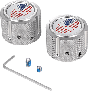 Axle Nut Cover - Front - Stainless Steel - Red/White/Blue Flag Skull - Silver - Lutzka's Garage