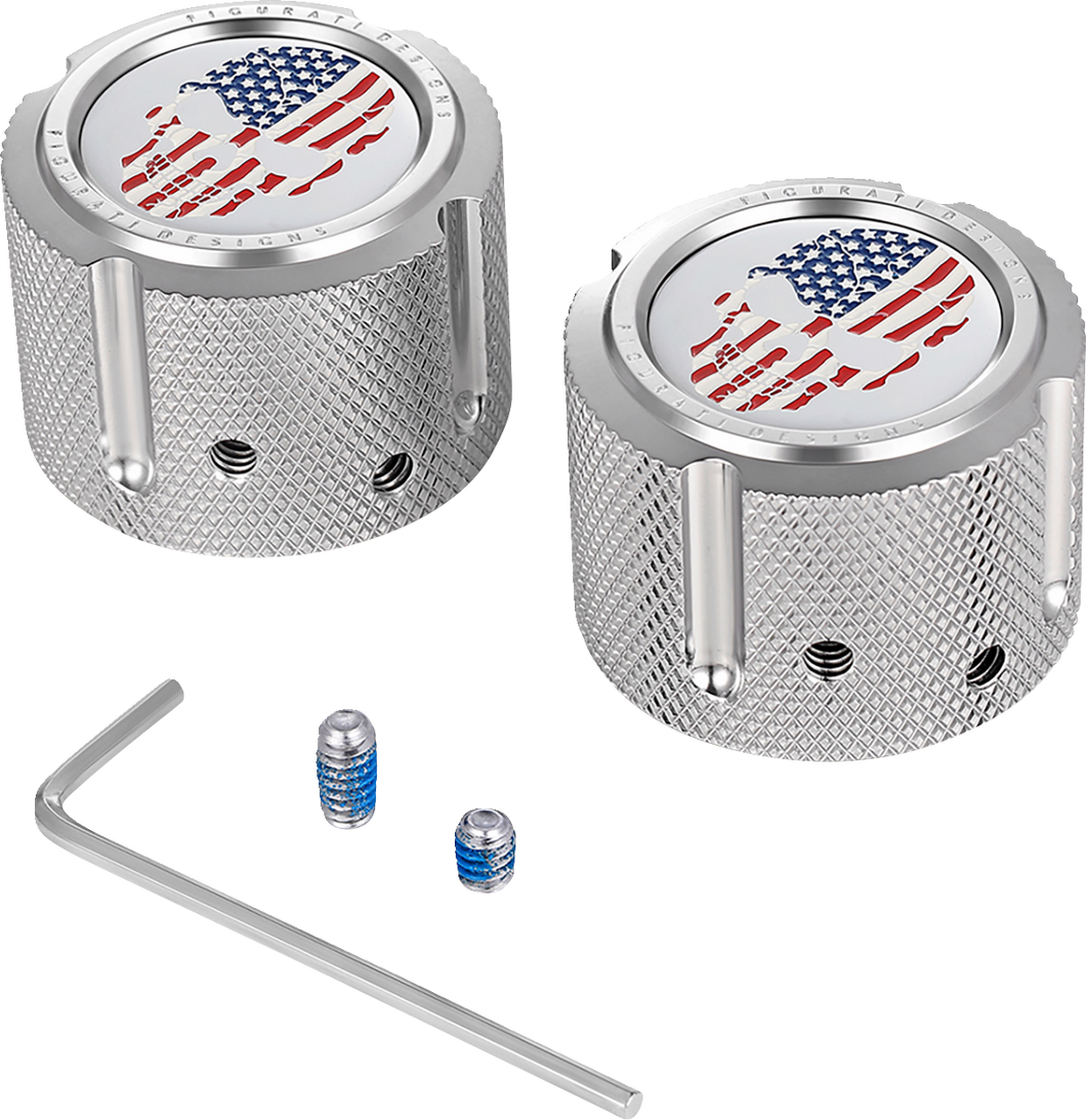 Axle Nut Cover - Front - Stainless Steel - Red/White/Blue Flag Skull - Silver - Lutzka's Garage