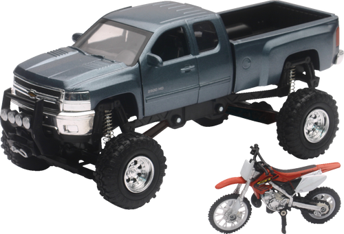 Chevrolet Silverado Offroad Pick Up w/ Honda Dirt Bike - 1:32 Scale - Gray/Black/Red - Lutzka's Garage