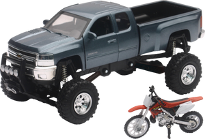 Chevrolet Silverado Offroad Pick Up w/ Honda Dirt Bike - 1:32 Scale - Gray/Black/Red - Lutzka's Garage