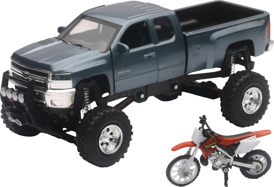 Chevrolet Silverado Offroad Pick Up w/ Honda Dirt Bike - 1:32 Scale - Gray/Black/Red - Lutzka's Garage