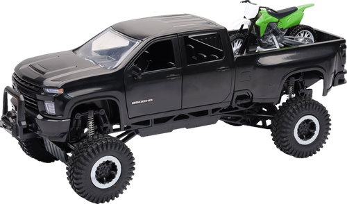 Chevrolet 3500HD Offroad Pick Up w/ Dirt Bike - 1:32 Scale - Black/Green - Lutzka's Garage