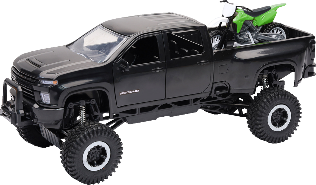 Chevrolet 3500HD Offroad Pick Up w/ Dirt Bike - 1:32 Scale - Black/Green - Lutzka's Garage