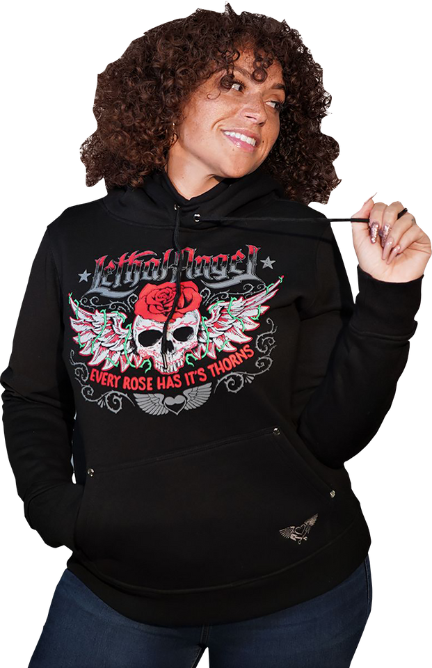 Womens Skulls and Thorns Pullover Hoodie - Black - 1XL - Lutzka's Garage