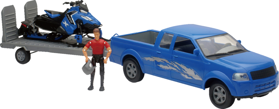 Pick Up Truck w/ Polaris Switchback Snowmobile Set - 1:18 Scale - Blue - Lutzka's Garage