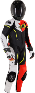 Youth GP Plus 1-Piece Leather Suit - Black/White/Red Fluorescent/Yellow Fluorescent - US 24 / EU 130