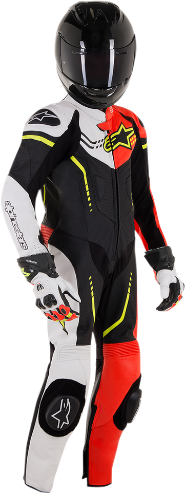 Youth GP Plus 1-Piece Leather Suit - Black/White/Red Fluorescent/Yellow Fluorescent - US 26 / EU 140