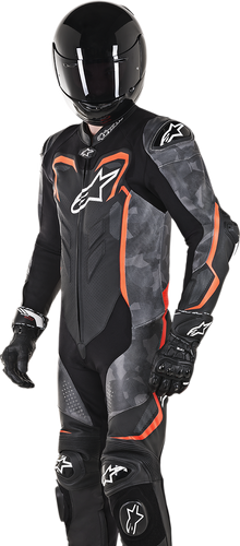 GP Plus v2 Camo 1-Piece Leather Suit - Black/Charcoal/Red Fluorescent - US 38 / EU 48 - Lutzka's Garage