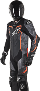 GP Plus v2 Camo 1-Piece Leather Suit - Black/Charcoal/Red Fluorescent - US 38 / EU 48 - Lutzka's Garage