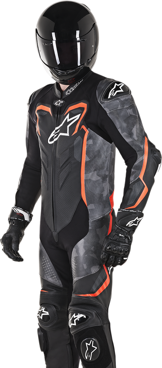 GP Plus v2 Camo 1-Piece Leather Suit - Black/Charcoal/Red Fluorescent - US 38 / EU 48 - Lutzka's Garage