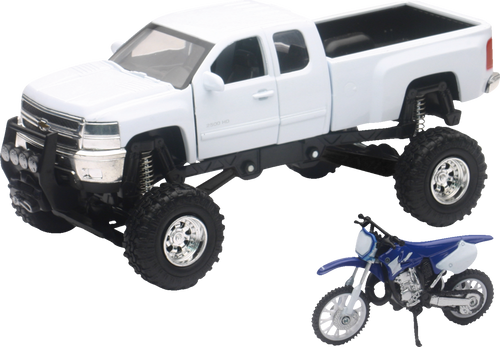 Chevrolet Silverado Offroad Pick Up w/ Yamaha Dirt Bike - 1:32 Scale - White/Black/Blue