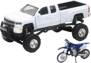 Chevrolet Silverado Offroad Pick Up w/ Yamaha Dirt Bike - 1:32 Scale - White/Black/Blue