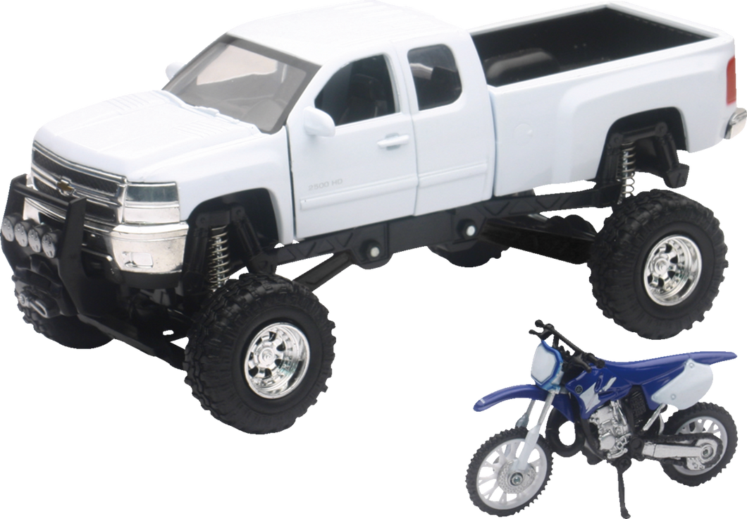 Chevrolet Silverado Offroad Pick Up w/ Yamaha Dirt Bike - 1:32 Scale - White/Black/Blue