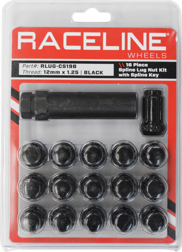 Lug Nuts - Spline Socket - 12 mm x 1.25" - with Spline Key - Black - 16 Pack - Lutzka's Garage