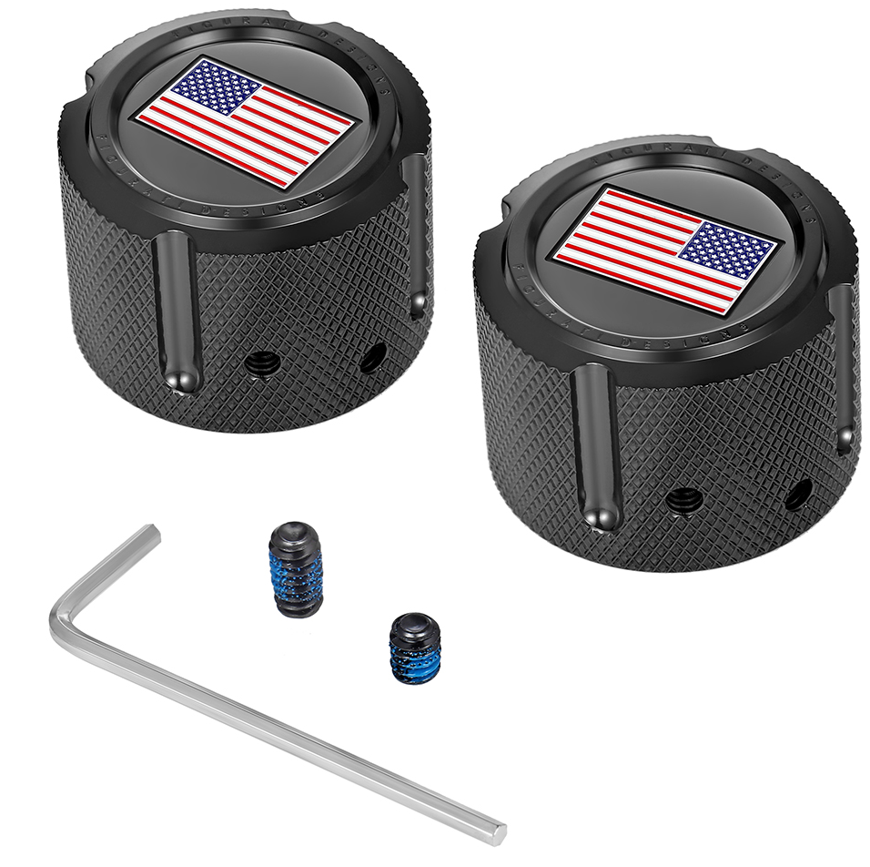 Axle Nut Cover - Front - Stainless Steel - Red/White/Blue Flag - Reversed - Black - Lutzka's Garage